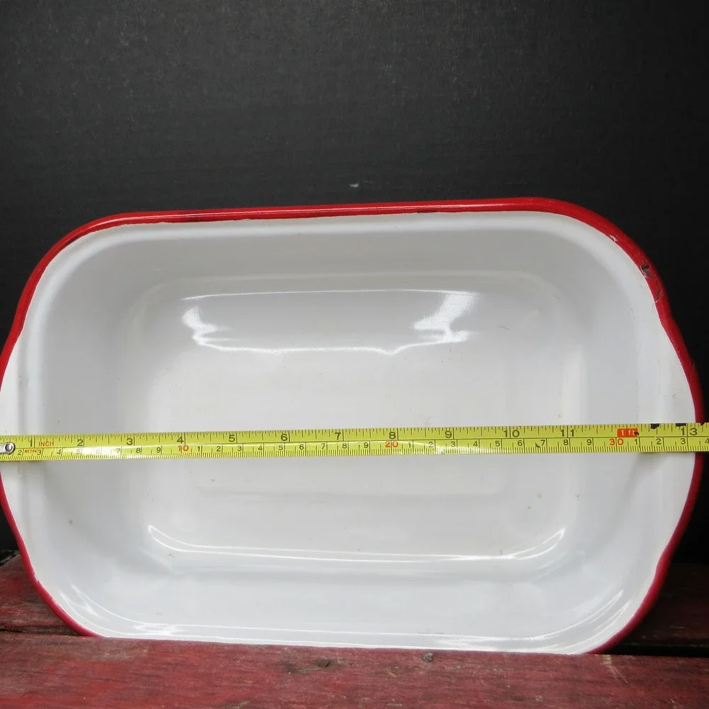Vintage White Enamelware Rectangular Pan Red Rim Primitive Farmhouse Decor